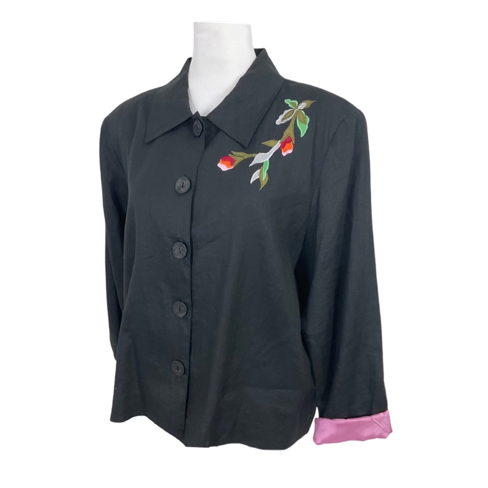 Fluere Black Linen Floral Jacket with Pink Liner